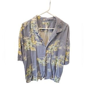 Tommy Bahama Hawaiian Shirt Mens XL Blue Palm Trees Flower Print 100% Silk Camp